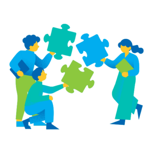 Graphic humans holding jigsaw puzzle pieces